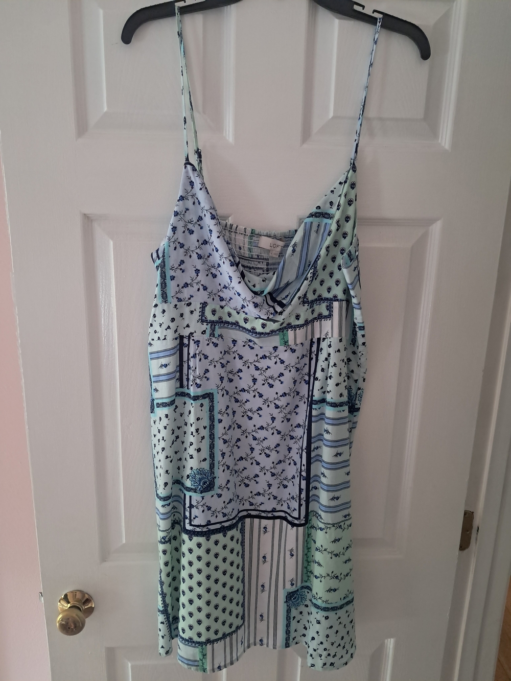 LOFT Blue & Mint Patchwork-Print Mini Slip Dress